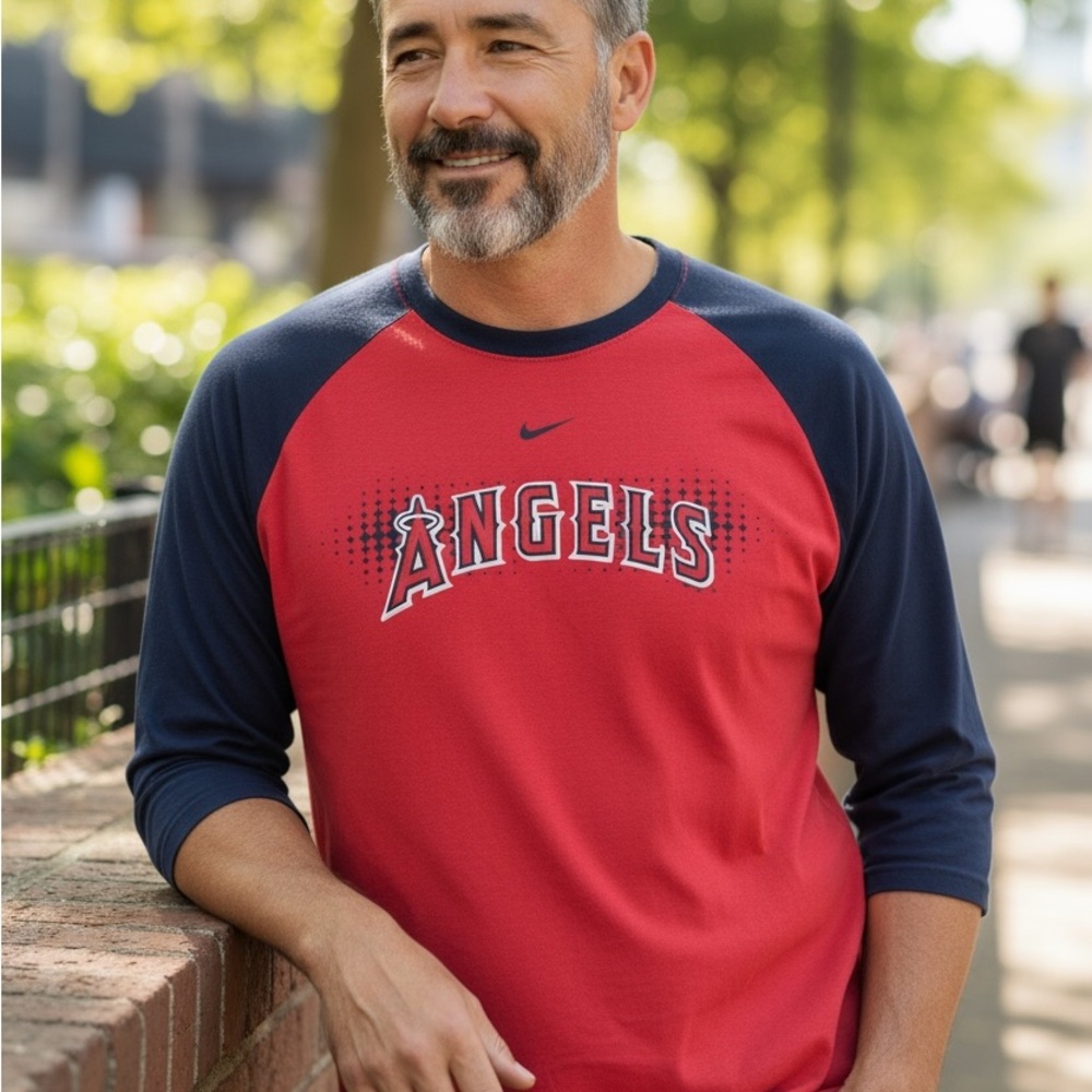 Nike Men's Red and Navy Angels Long Sleeve Tee